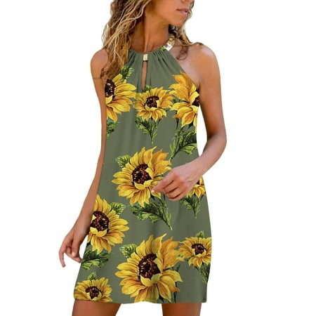 

JDEFEG Swing Dress with Buttons Women s Summer Dress Casual Fashion Metal Hanging Neck Dress Printed Strapless Dresses Elegant Dress with Bra Polyester Spandex Green L