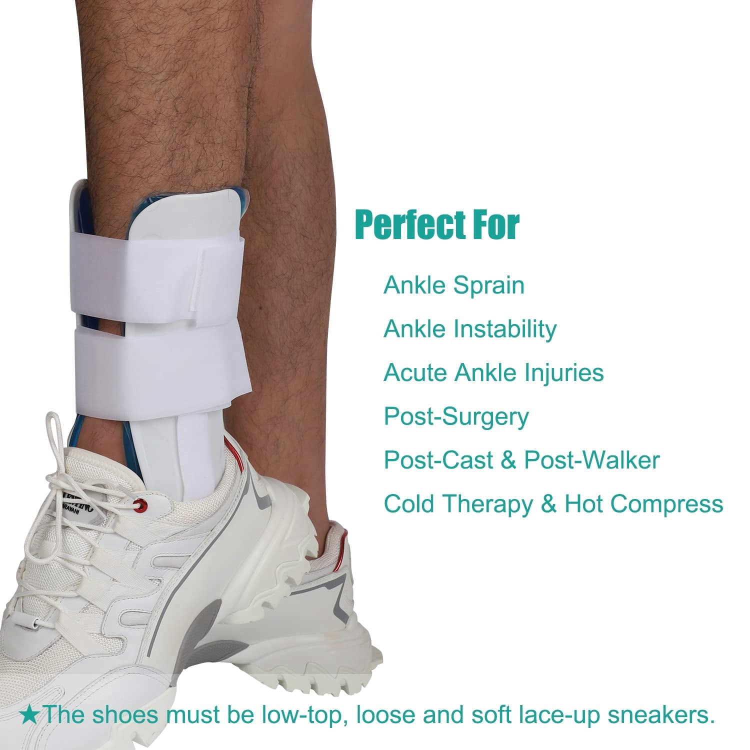 Komzer Air & Gel Ankle Brace, Adjustable Rigid Support with Cold Pads for Sprains and Tendonitis (White)