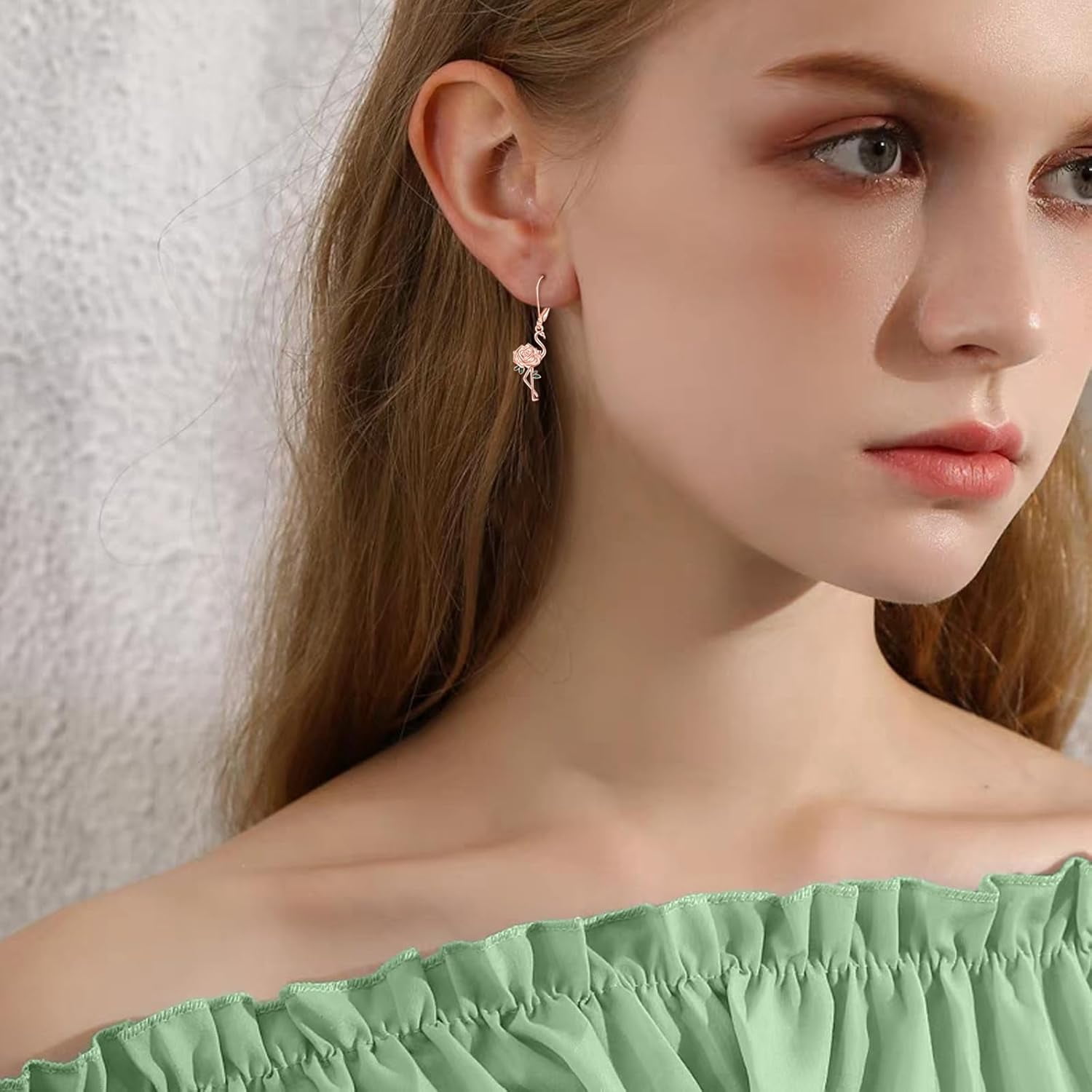 Flamingo Earrings Sterling Silver Flamingo Rose Flower Dangle Dangly Drop Charm Leverback Earrings Bird Jewelry Gifts for Women