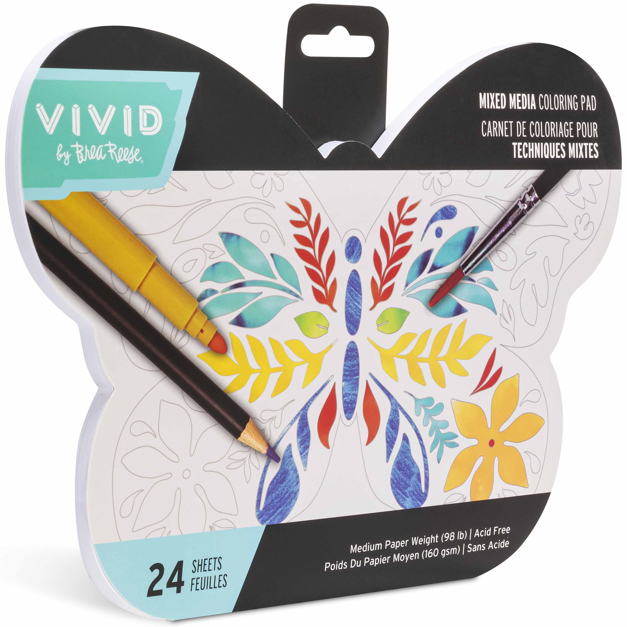 Vivid by Brea Reese: Mixed Media Coloring Pad - Butterfly - 24 Shaped Sheets in 8 Pattern Designs, Art Paper Pages For Paints-Markers-Colored Pencils