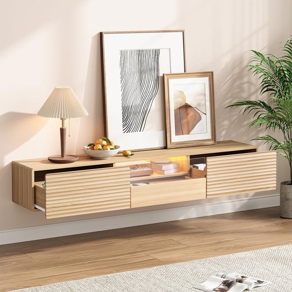 Oak Floating TV Console With Fluted Design, Wall Mounted Entertainment
