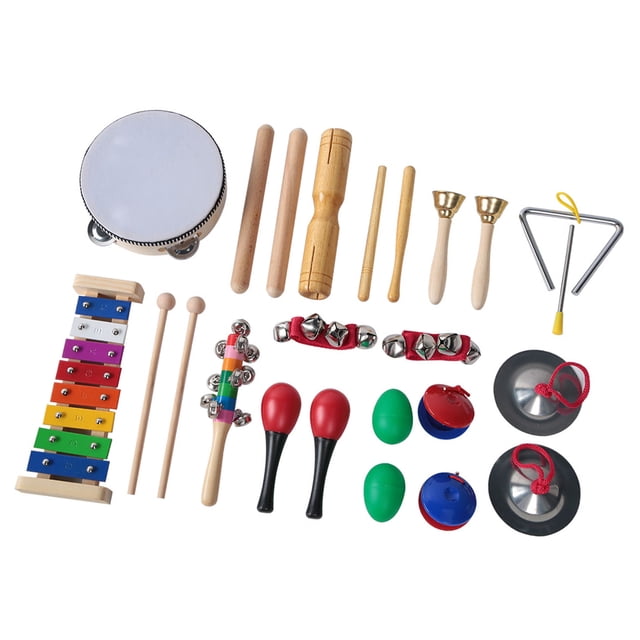 Ensemble de 13 Pcs d'Instruments de Musique pour Enfants, Comprenant une Variété d'Instruments de percussion, Dont un Tambourin de 6 Pouces, un xylophone avec Deux Baguettes, instrument Triangulaire avec Tige, Clochettes de Poignet, Baguettes en Bois, Barres de Rythme en Plastique, Secoueurs d'Oeufs, Castagnettes en Plastique, Bâton Traîneau, gong en Métal et Clochettes. Fabriqué en Métal, Plastique et Bois, Cet Ensemble Est Léger, portable et Livré avec un Sac de Rangement. Idéal pour Développer le T