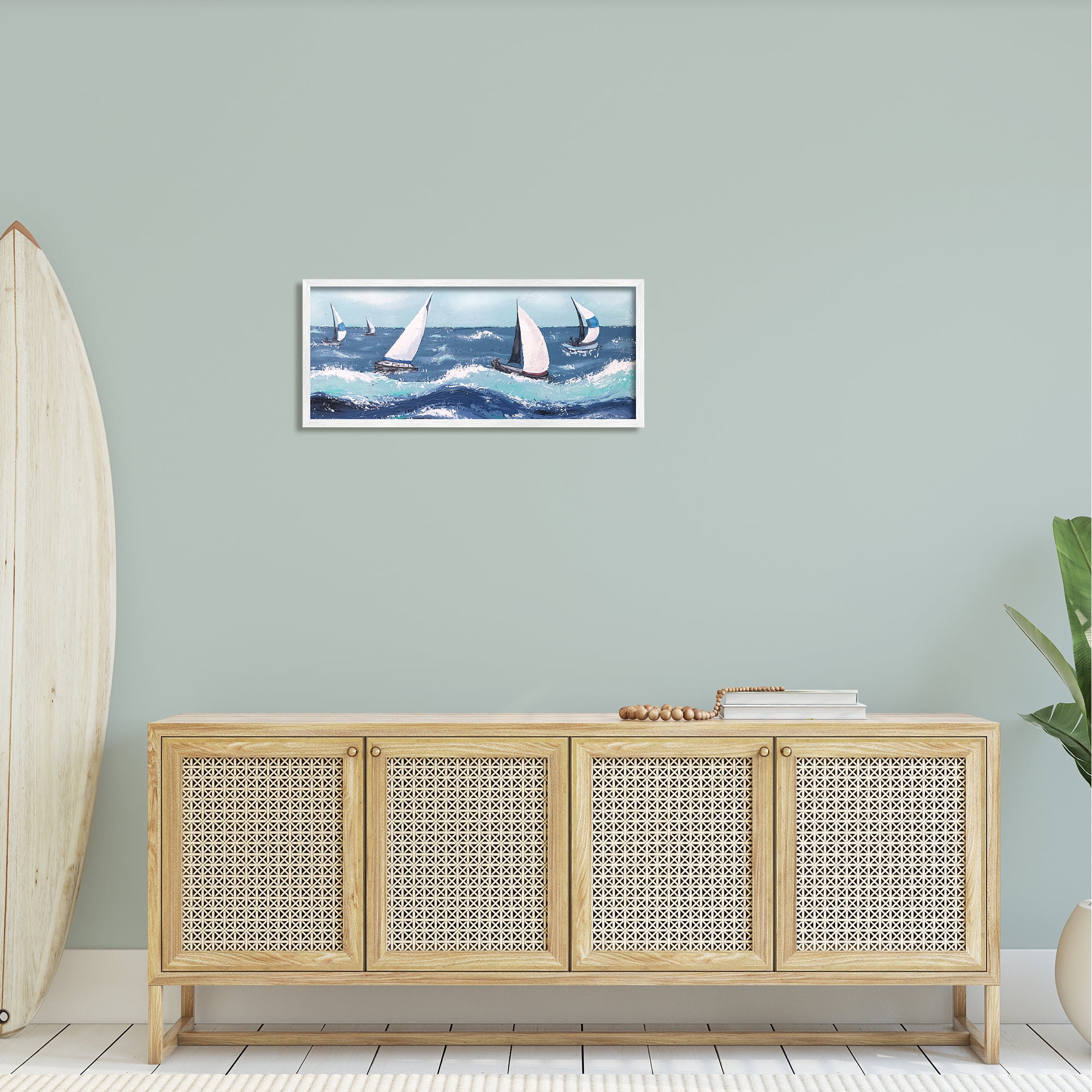 Stupell Sea Waves Splashing Sailboats Landscape Painting White Framed Art Print Wall Art