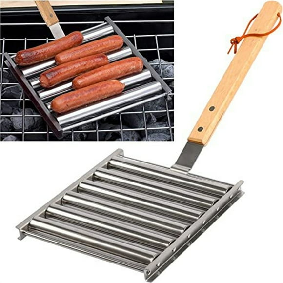 LLQkigsxse Grill Hibachi Style Large Hot Dog Roller for Grill with Wooden Handle Outdoor Evenly Cooking Hotdogs