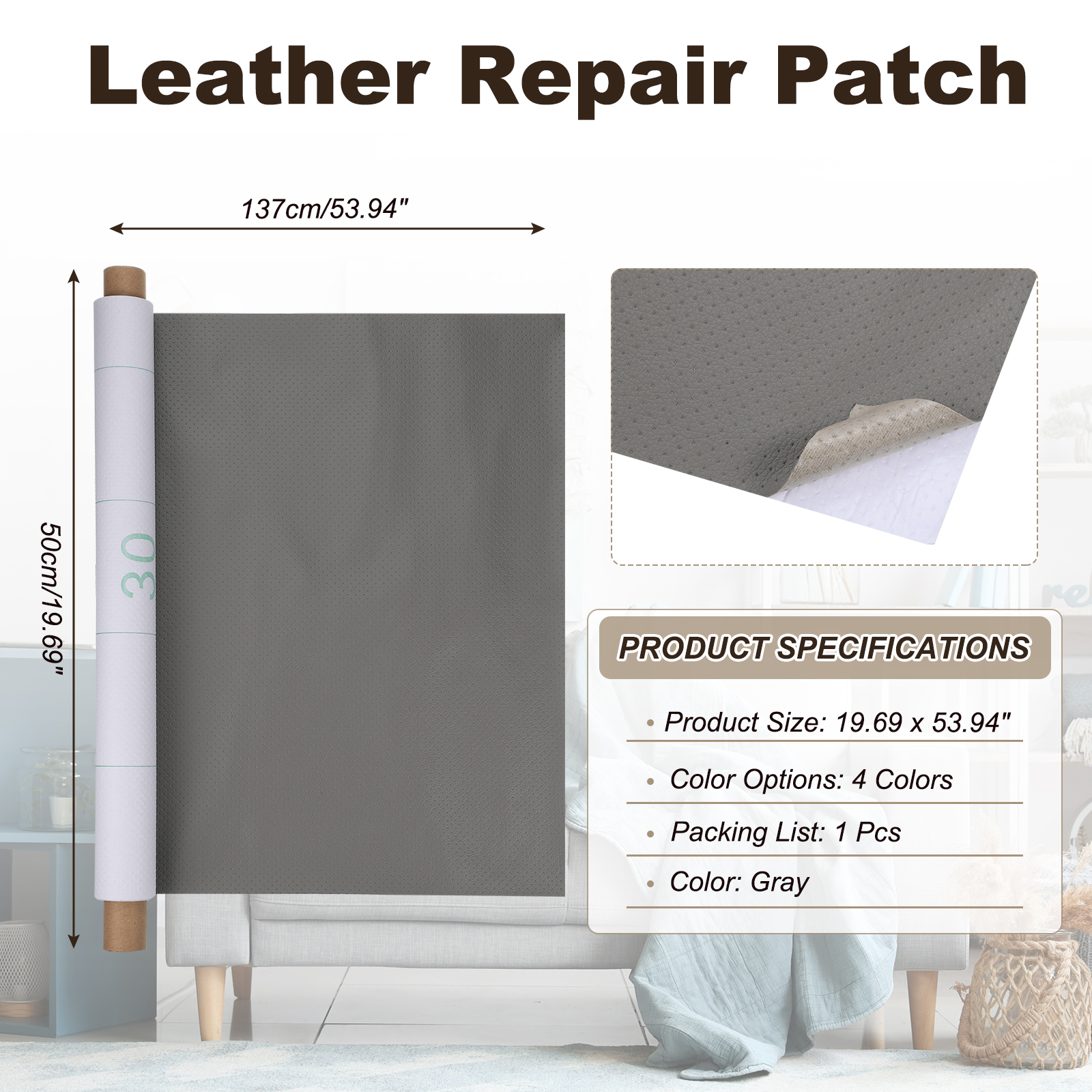 Uxcell 19.69 x 53.94 inch Leather Repair Patch, Breathable Perforated Self Adhesive Repair Patch for Furniture Couch Car Seats Sofa Repair 1Pcs (Gray)