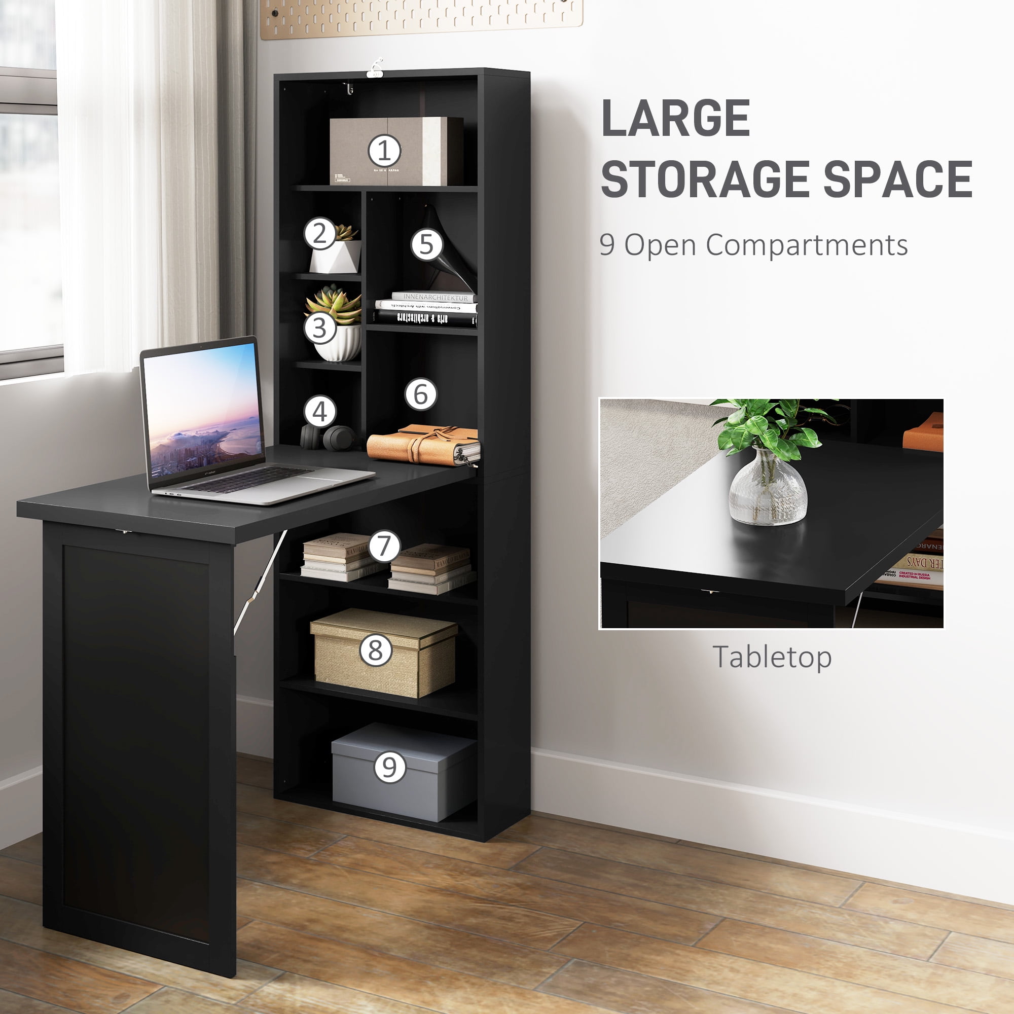 HOMCOM Fold-out Convertible Writing Table, Wall Mount Desk Cabinet with Blackboard and Side Shelf Multi-Function Home Office Workstation, Black