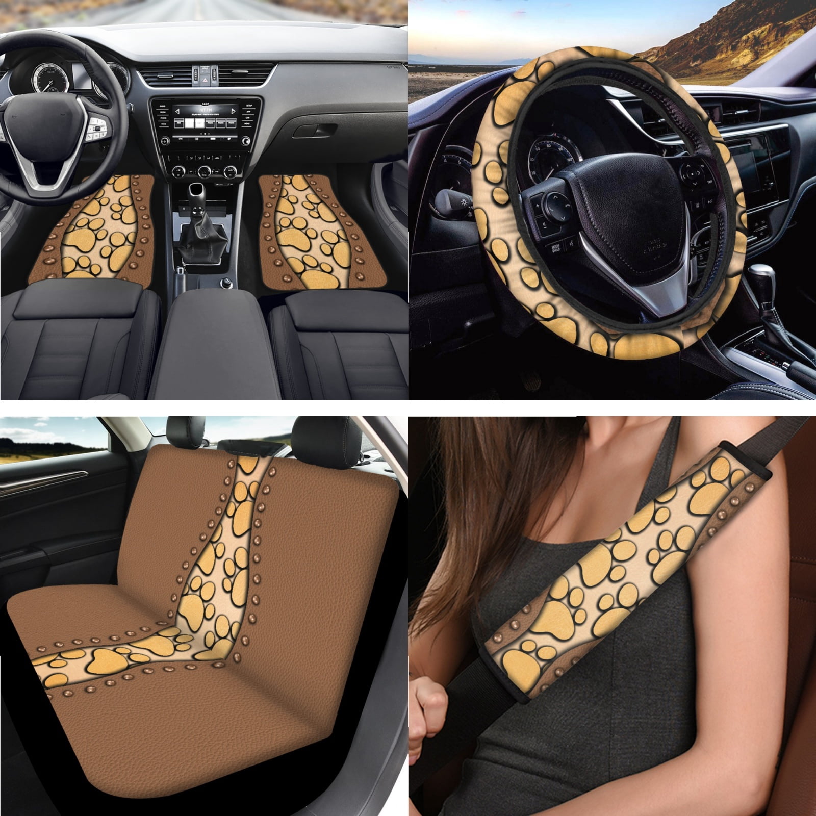 Jeiento Brown Paw Print Car Accessories Full Set Auto Seat Covers Floor Mats Steering Wheel Cover Armrest Cover Safety Belt Pad Cup Coasters Keychains 17 Pack Universal Fit for Most Vehicles