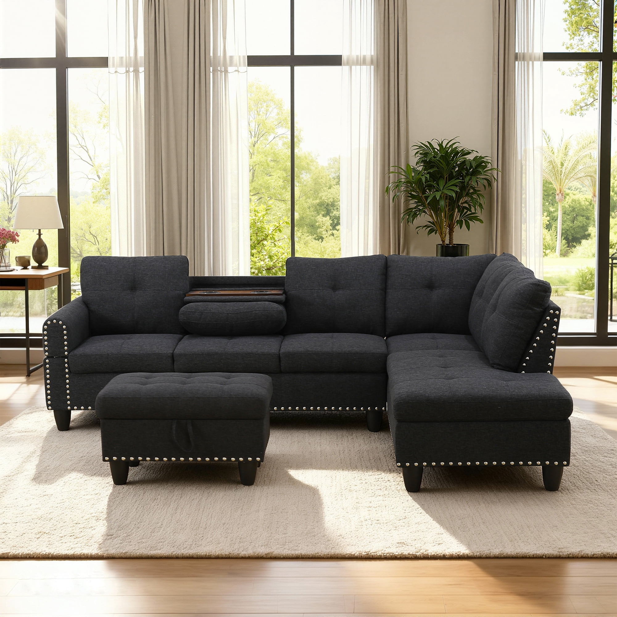 MAYEERTY 97.5" Linen Sectional Sofa, 3-Piece Modular Couch Living Room Sofa Set with Ottoman, Black (Right)