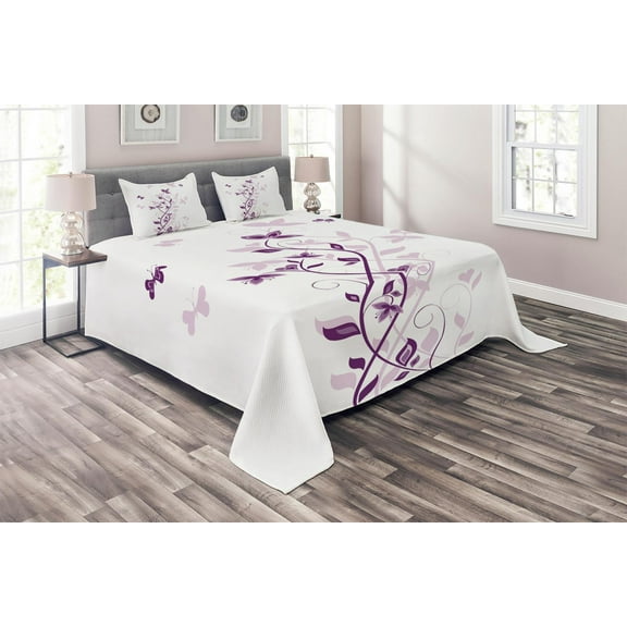 Ambesonne Spring Quilted Coverlet 3 Pcs, Violet Tree Blossoms Image, King Size, Plum White