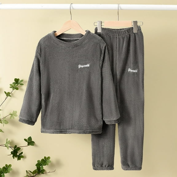 Boys and Girls' Flannel Long Sleeve and Pants Winter Warm Soft Fuzzy Loungewear with Sweatpants Grey 165/XL