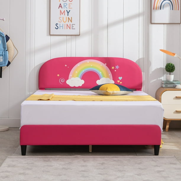 MUZZ Twin Size Kids Bed Frame, Faux Leather Upholstered Platform Bed