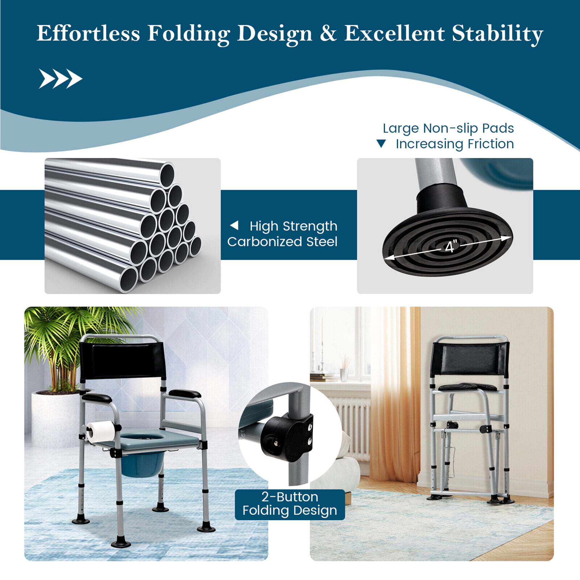 Gymax 4-in-1 Bedside Commode Folding Toilet Chair w/ Detachable Bucket for Seniors