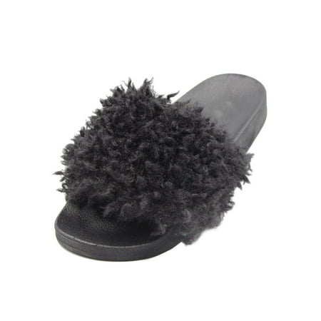 tan faux fur slides