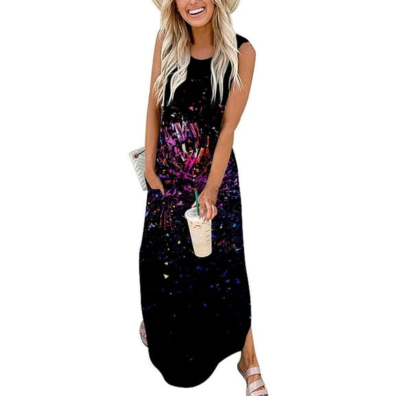 Dianli Summer Dresses for Women Tie-Dye Print Sleeveless Round Neck Maxi Summer Dresses Evening Party Loose Fashion Casual Slit Vacation Pockets Long Tank Dress Black M