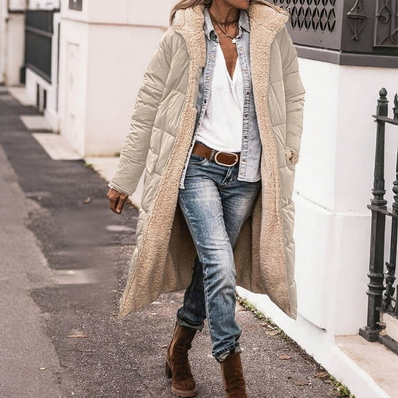 CQONEPT Fleece Lined Overcoat for womens Quilted Puffer Hoodie Jacket Full Zip Up Long Raincoat Thicken Trench with Pockets Khaki 2XL