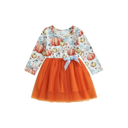

Toddler Baby Girl Halloween Dress Long Sleeve Ruffle Tulle Dress Pumpkin Print Tutu Dresses Fall Clothes