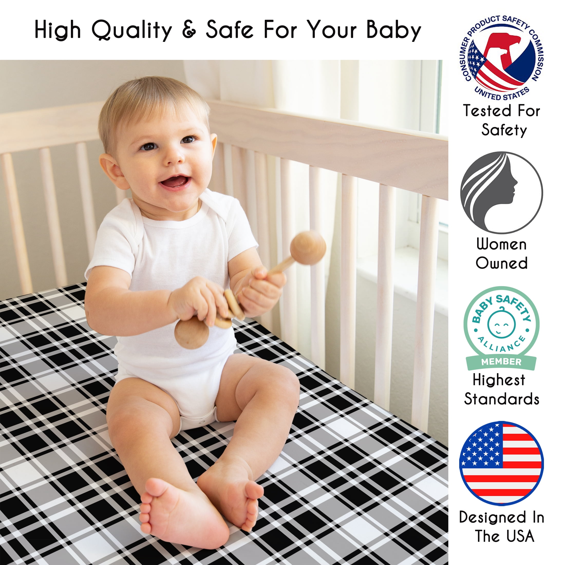 Sweet Jojo Designs Gingham Black Plaid Boy, Girl, Unisex/Gender Neutral Fitted Crib Sheet