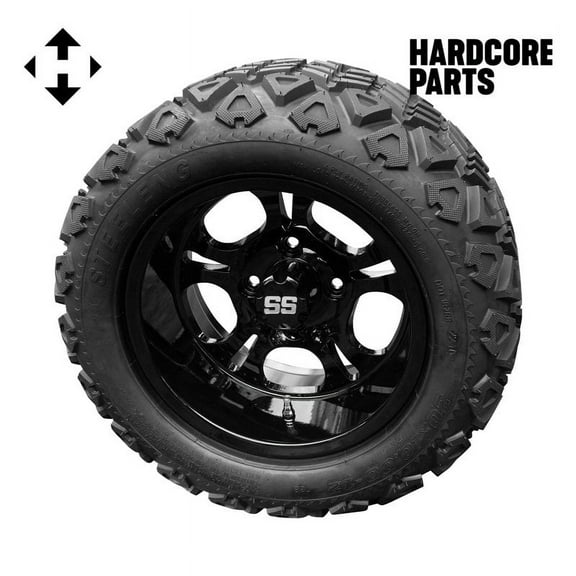 Hardcore Parts 12" Black 'DARKSIDE' Golf Cart Wheels and 20"x10"-12" DOT rated All-Terrain tires - Set of 4, includes Black 'SS' center caps and 1/2x20 Black lug nuts