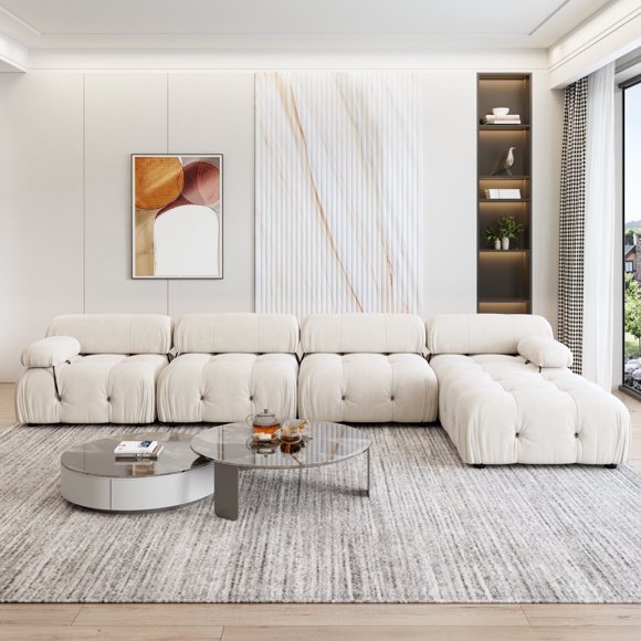 bokifol 139"Modular Sectional Sofa for Living Room,Cloud Sectional Couch with Movable Ottoman,L-Shape Sofa Couch with Armrest,Upholstered Couches for Bedroom,Beige