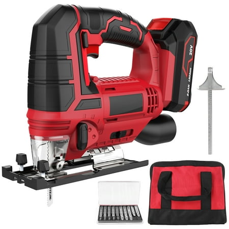 

Suzicca Jig Saw Cordless Jigsaw for Woodworking with 4 Orbital Settings 2700 SPM 10-Piece T-shank Blade Set 2.0 Ah Battery Fast Tool-Free Blade Clamp 45° Adjustment Parallel Saw Guide Tool Bag