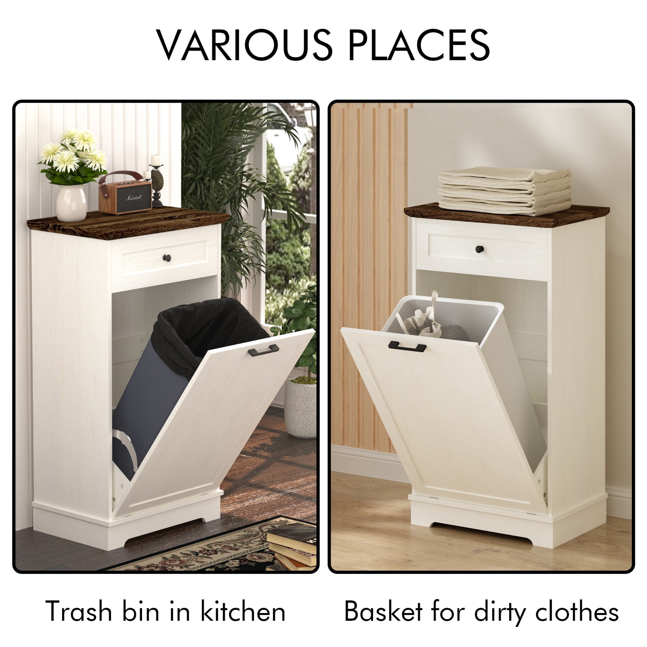 Noble House 13 Gallon Tilt Out Trash Cabinet, Wood Garbage Bin Holder with Drawer, Kitchen Storage, Antique White
