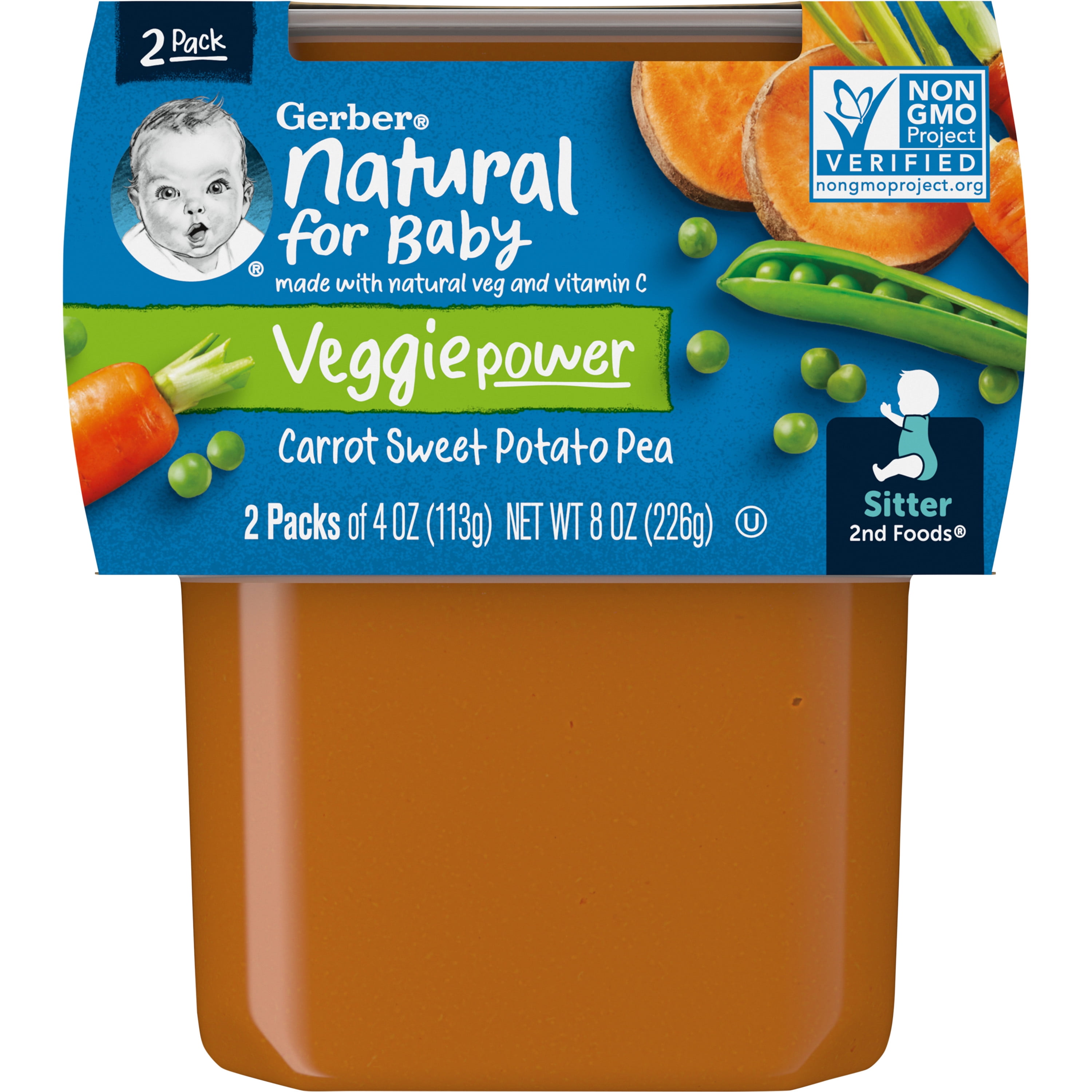 Gerber 2nd Foods Natural for Baby Veggie Power Baby Food, Carrot Sweet Potato Pea, 4 oz Tubs (2 Pack)