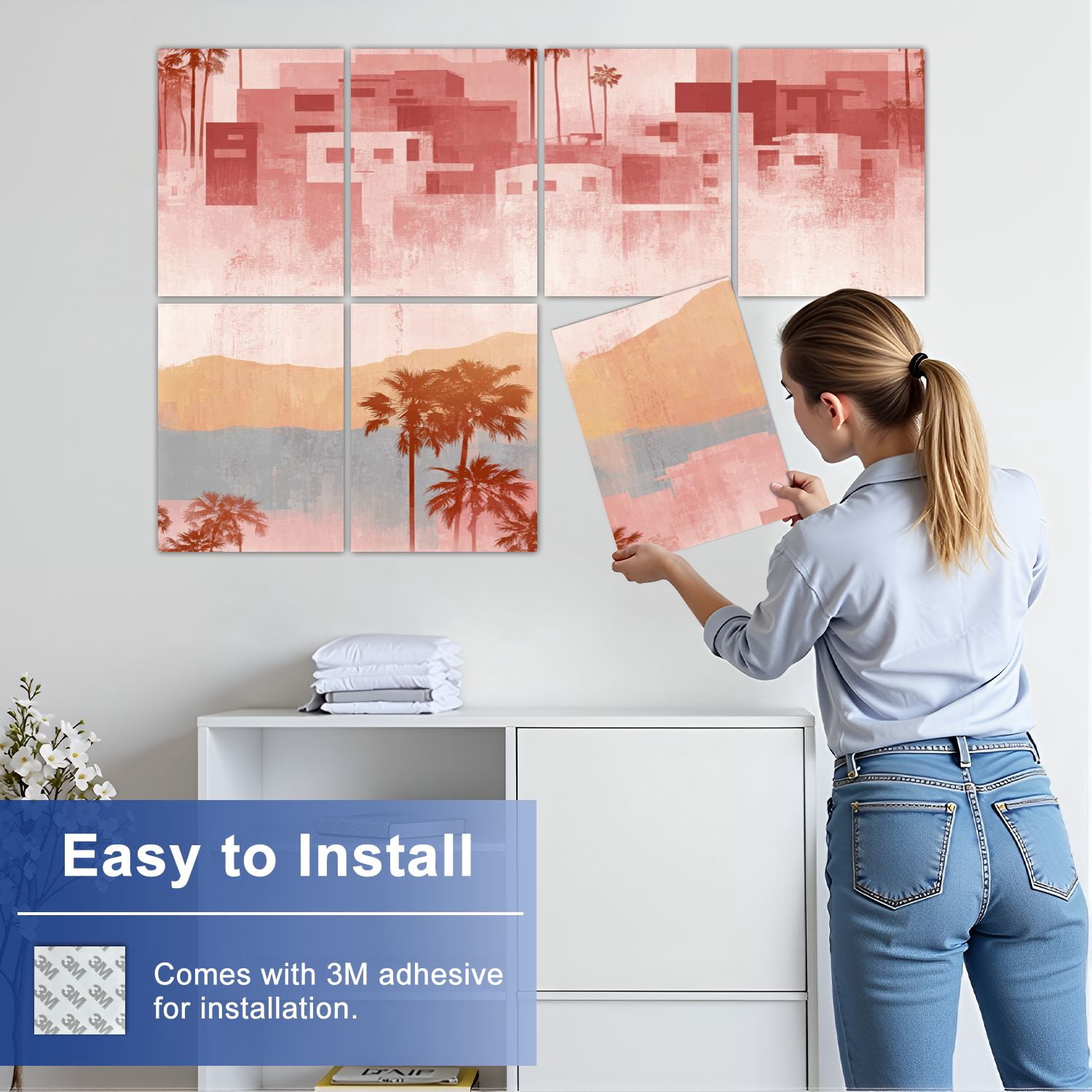 8 Pack Art Acoustic Panels Sound Absorbing Abstract Desert Cityscape Palm Trees Decorative Soundproof Wall Panels Self Adhesive for Nursery Game Room Bedroom 48"x32"