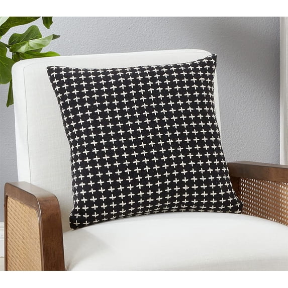 Fennco Styles Cross Stitched Cotton Decorative Throw Pillow 18" W x 18" L - Black Woven Cushion for Home, Couch, Living Room, Bedroom, Office and Holiday Décor
