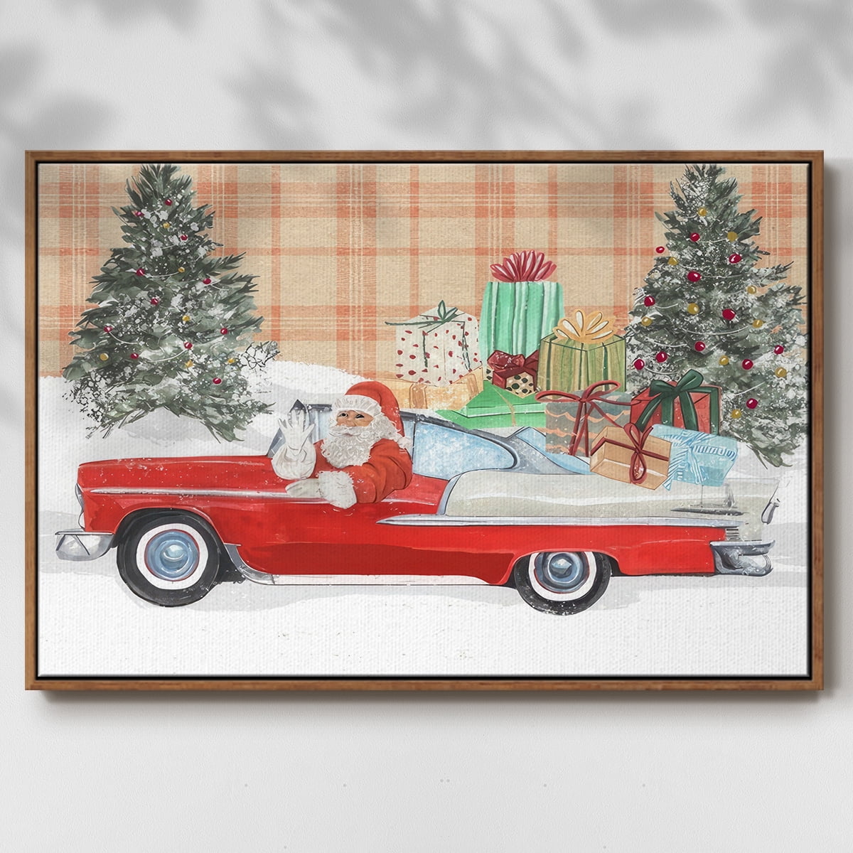 Santa on Wheels II - Framed Gallery Wrapped Holiday Canvas - 25 x 37 - Rosewood Frame