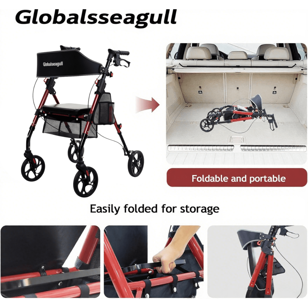 TAKE A TRIP Seat Roll-Up　Alpenglow GLOBALSEAGULL, Rollator Walker, Lightweight Foldable Aluminum, Red