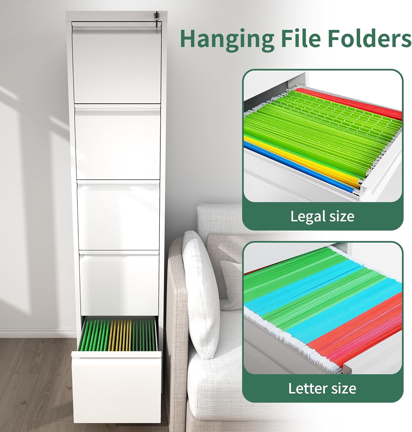 Vertical File Cabinets with Lock for Home Office, Heavy Duty Office Steel Filing Cabinet for Hanging Letters/Legal/A4, Assembly Required