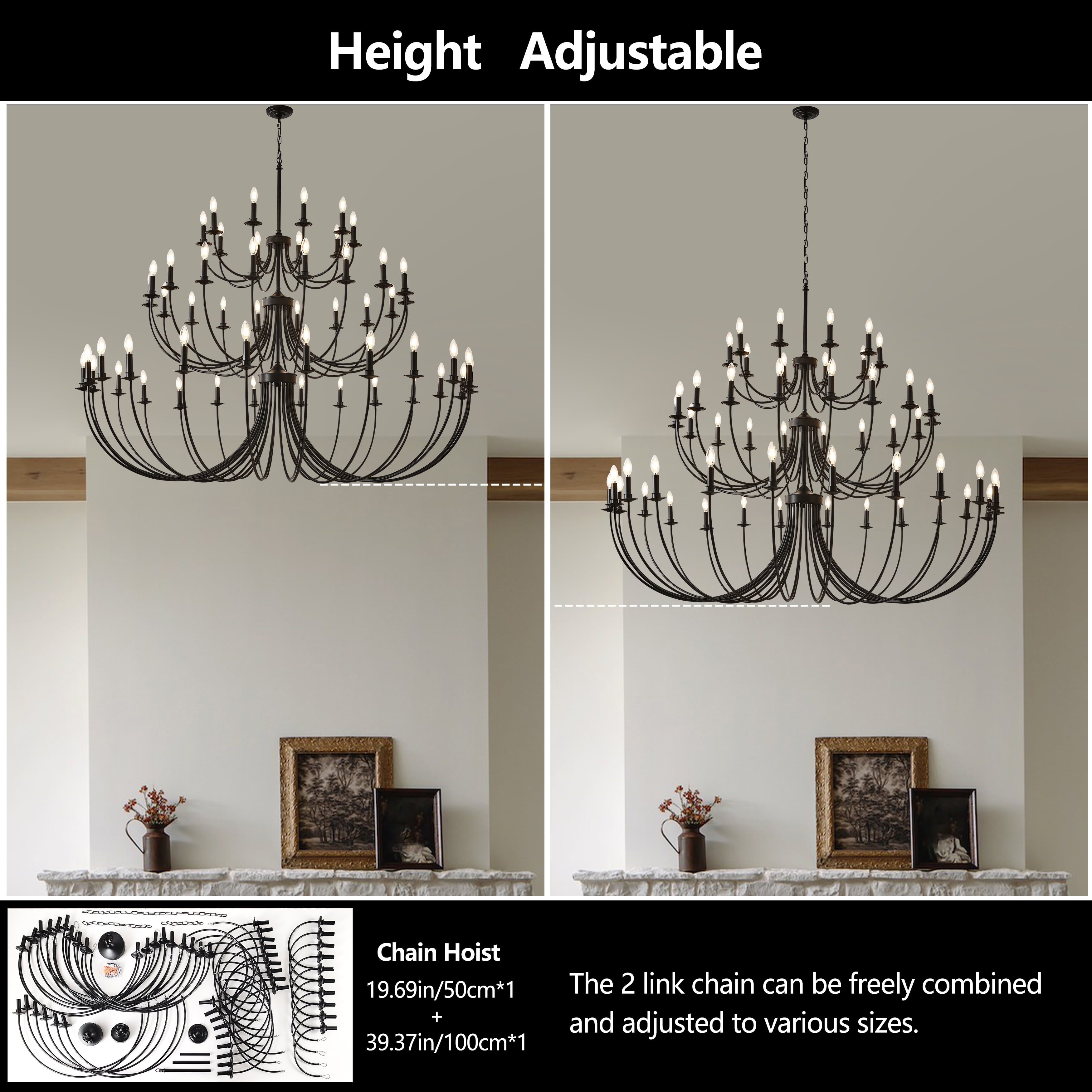 Black Farmhouse Chandelier with Adjustable Chain - 52-Light Rustic Candle Style for Dining Room & Foyer