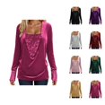 thumbnail image 1 of Womens Glitter Tops 2026 Spring Trendy Y2K Long Sleeve V Neck Loose Velvet Sequin Patchwork T Shirts Rave Outfit, 1 of 8