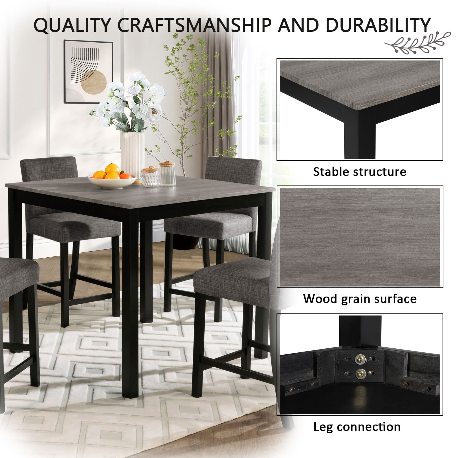 MAYEERTY 5-Piece Dining Table and Chairs Set (4 Chairs), Wooden Dining Set, Space-Saving Upholstered Dining Chairs for Kitchen Dining Room