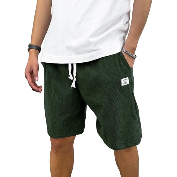 Domuza Corduroy Shorts for Men Casual Elastic Waist Drawstring Shorts for Men with Pockets Dark Green M