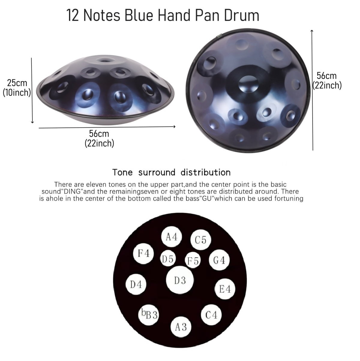 Latourreg 440HZ D Minor 22 Inch Blue 12 Notes Hand Pan  Percussion Musical Drum with Soft Bag