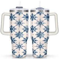 Blue Snowflakes 40 Oz Tumbler with Handle Lid and Straw Stainless Steel Double Walled Vacuum Insulated Cup Merry Christmas Gifts Tumbler for Women Men Friends Outdoor Indoor