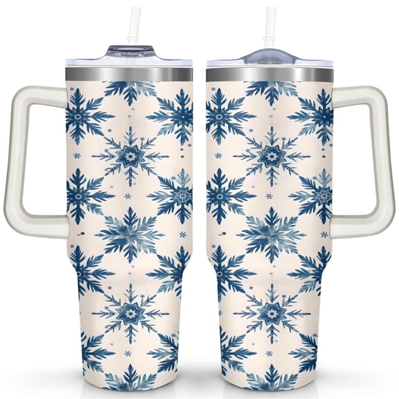 Blue Snowflakes 40 Oz Tumbler with Handle Lid and Straw Stainless Steel Double Walled Vacuum Insulated Cup Merry Christmas Gifts Tumbler for Women Men Friends Outdoor Indoor