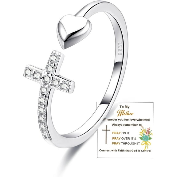 To My Daughter Rings S925 Sterling Silver Cross Ring for Women Cubic Zirconia Sterling Silver Adjustable Ring Christian Pray Cross Thumb Rings With Inspirational Card
