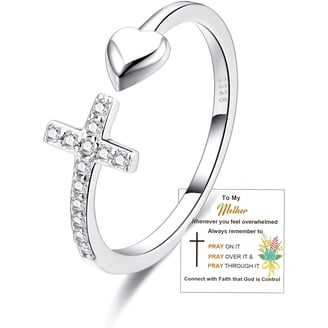 Faith Hope Love Sterling Silver Cross Ring For Women - Adjustable Open Band, Inspirational Jewelry Gift