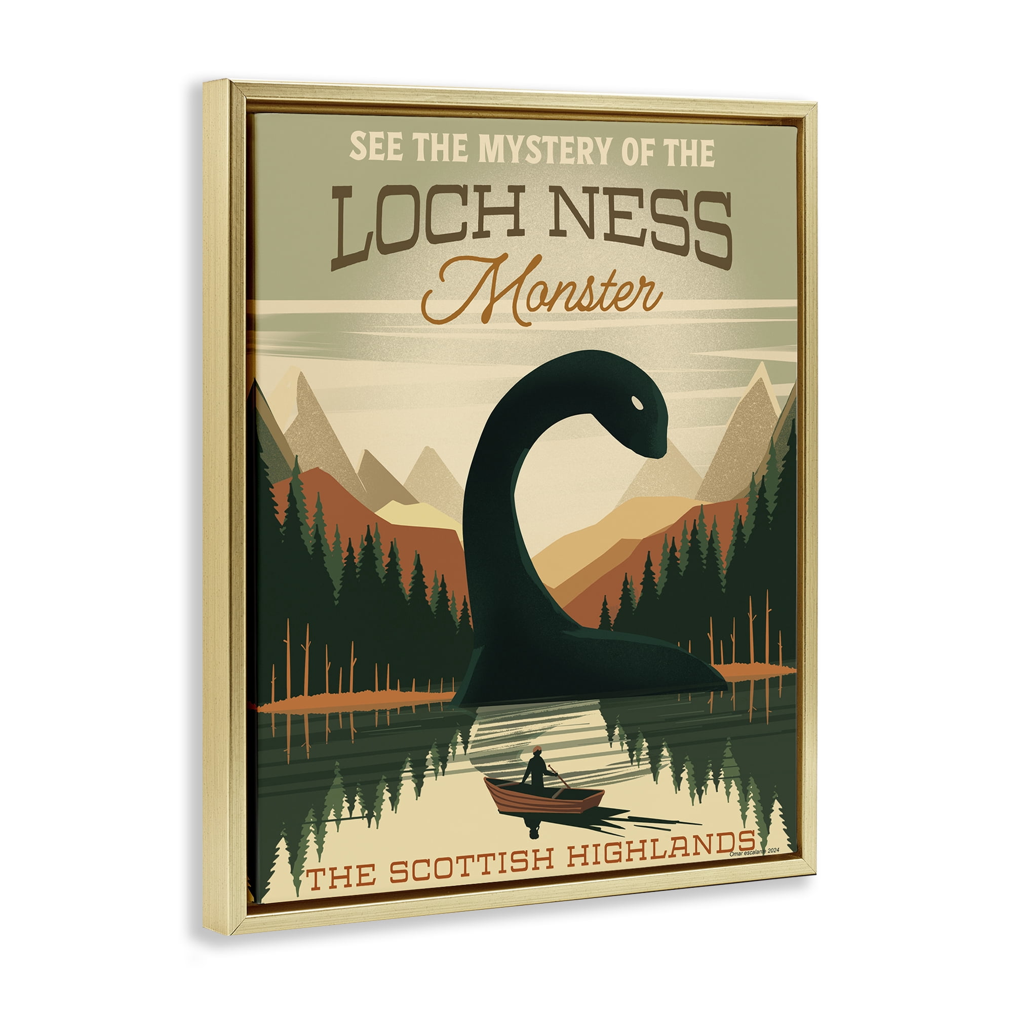 Stupell Industries Folklore Monster Tourism Gold Framed Floater Canvas Wall Art, design by Omar Escalante