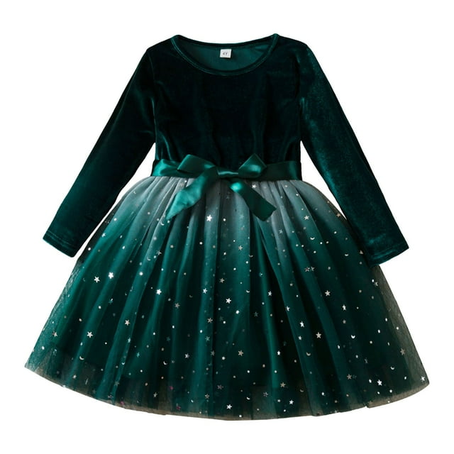 WUANDIXFA Robe Tutu pour Filles Printemps Automne Robe à Manches Longues pour Filles Robe Dégradé Étoile Robe de Fête de Printemps Vert, 5-6 Ans