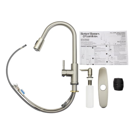 BETTER HOMES & GARDENS ELMONT HIGH SPOUT SINGLE HANDLE PULL DOWN KITCHEN FAUCET WITH SOAP DISPENSER, SATIN NICKEL