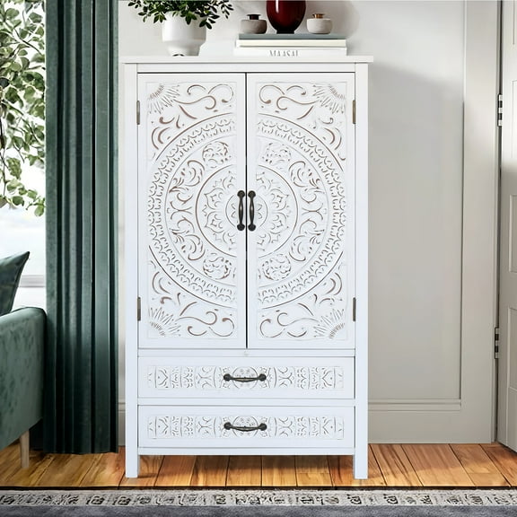 HIUU 48" White Storage Cabinet with Doors and Shelves,Farmhouse Kitchen Pantry Cabinet with Drawers,Bathroom Storage Cabinet with Chic Wood Grain