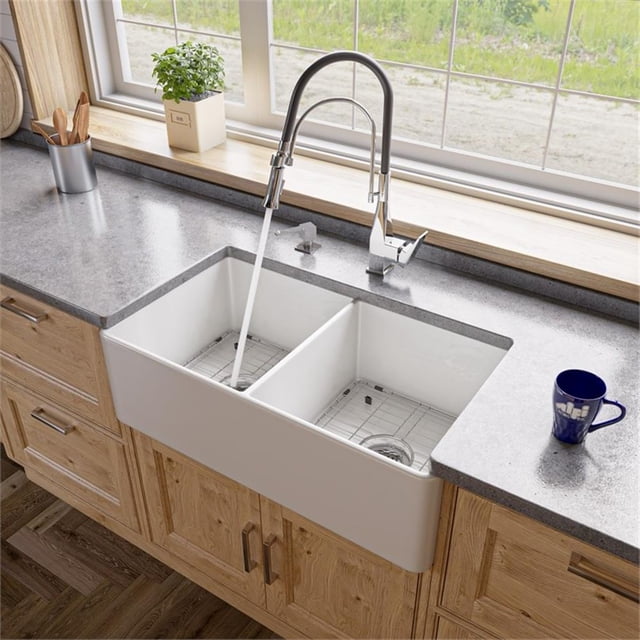 Pemberly Row White Smooth Apron 33" x 18" Double Bowl Fireclay Farm Sink