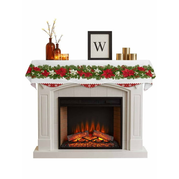 Christmas Poinsettia Fireplace Mantle Scarf, Snowflake Xmas Red Green Botanical Mantel Cover Table Runner for Home Living Room Door Window, Indoor Outdoor Holiday Party Decor 17" x 70"