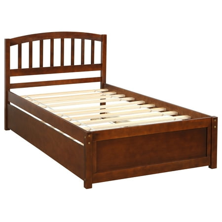 Twin size Platform Bed Wood Bed Frame with Trundle for Toddlers Kids Girls Boys  Bedroom Furniture  No Box Spring Needed  Walnut