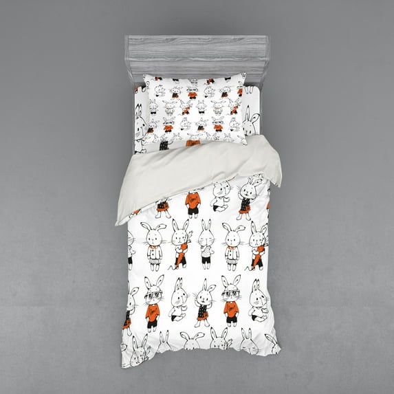 Funny Duvet Cover Set, Retro Bunny Rabbits with Costumes Jack Hare Funky Bunnies Carrot Sketch Style, Bedding Set with Shams and Fitted Sheet, 3 Sizes, by Ambesonne