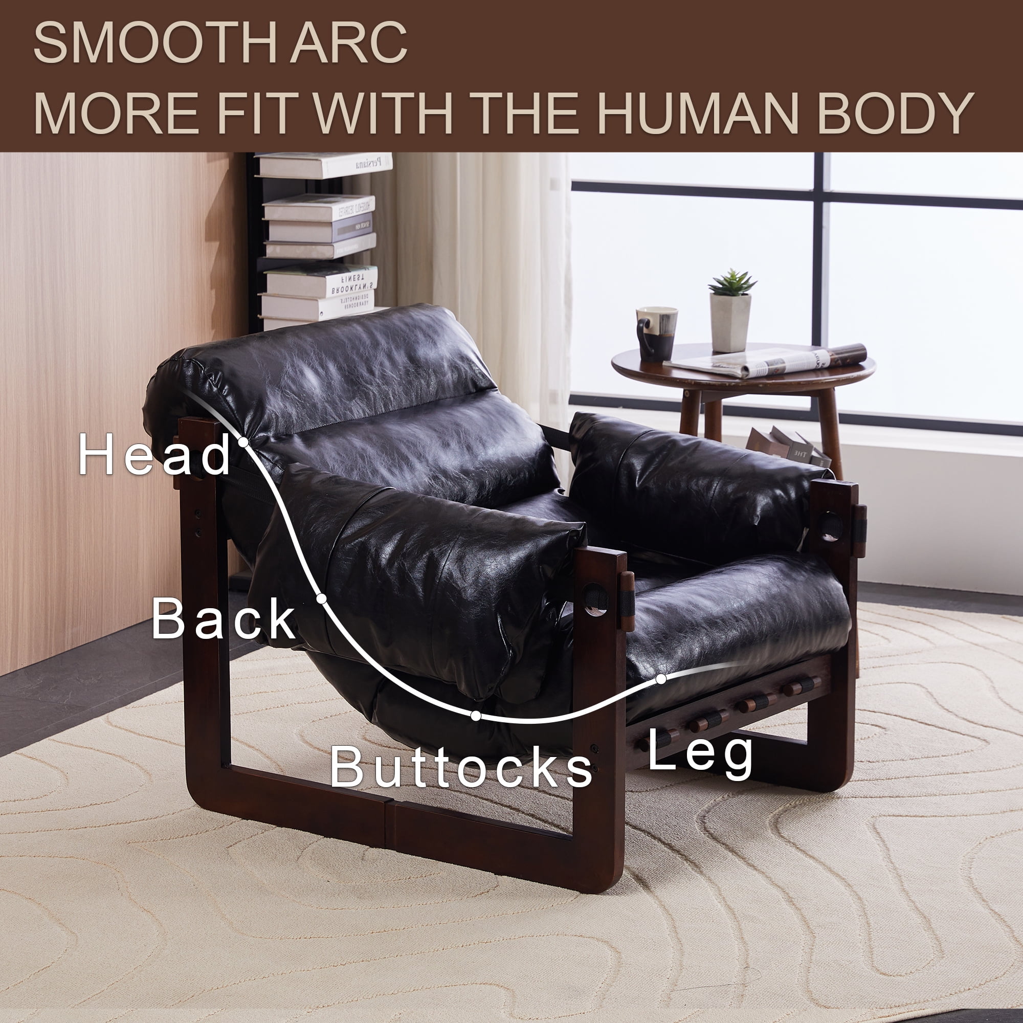 Aukfa Mid-Century Modern Chaise Lounge Indoor Chair for Living Room, Wood Frame, Leather, Black