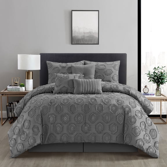 Nanshing Tammy 7 Piece Modern 3D Geometric Pattern Comforter Set, King, Grey